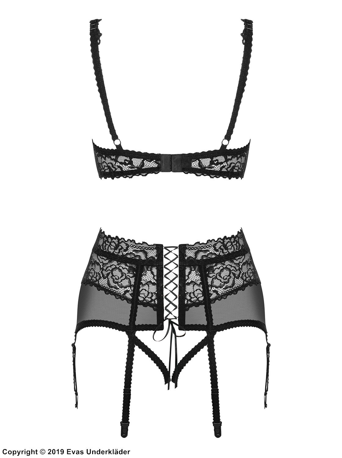 Seductive lingerie set, lace overlay, open crotch